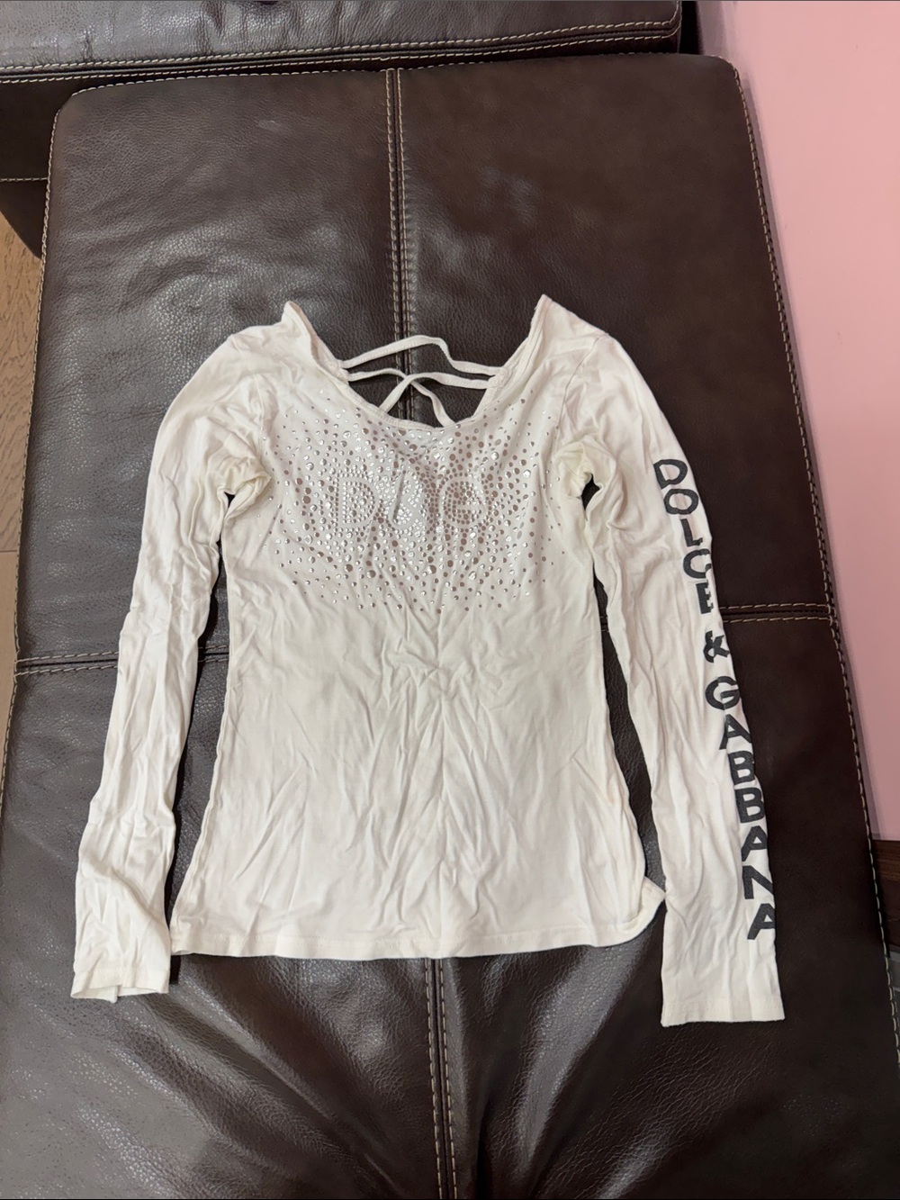 Dolce & Gabbana Cream Long-Sleeve Crystal-Studded Logo Top